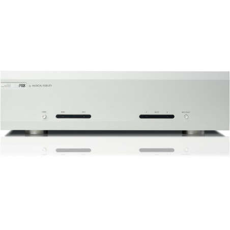 MUSICAL FIDELITY M6s PRX amplificateur de puissance HI-FI finition argent, vue de face boutons power et mute