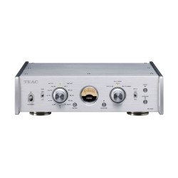 TEAC PE-505 préamplificateur phono argent, façade avec VU-mètre, sélecteurs MC/MM et courbes EQ