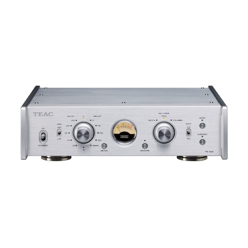 TEAC PE-505 préamplificateur phono argent, façade avec VU-mètre, sélecteurs MC/MM et courbes EQ