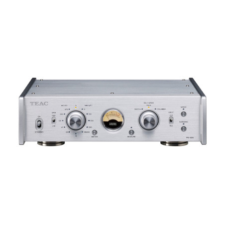 TEAC PE-505 préamplificateur phono argent, façade avec VU-mètre, sélecteurs MC/MM et courbes EQ
