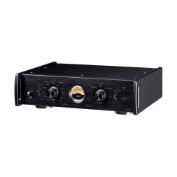 TEAC PE-505 préamplificateur phono noir, vue trois quarts façade alu brossé vumètre et boutons rotatifs