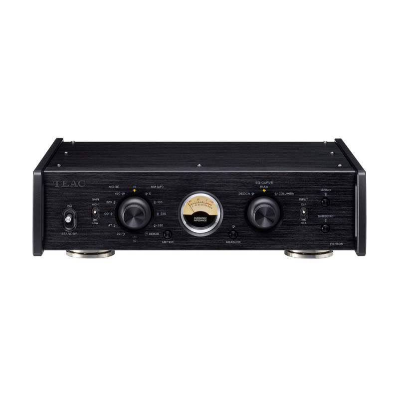 TEAC PE-505 préamplificateur phono noir, face avant vumètre central sélecteurs MC MM et courbes EQ