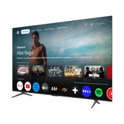 TCL 85P8K TV QLED 85 pouces, écran allumé Google TV vue trois quarts sur pieds