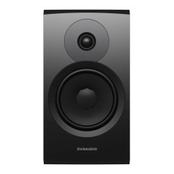 DYNAUDIO EMIT 20 enceinte bibliothèque HI-FI noir satin, vue de face tweeter et haut-parleur grave apparents