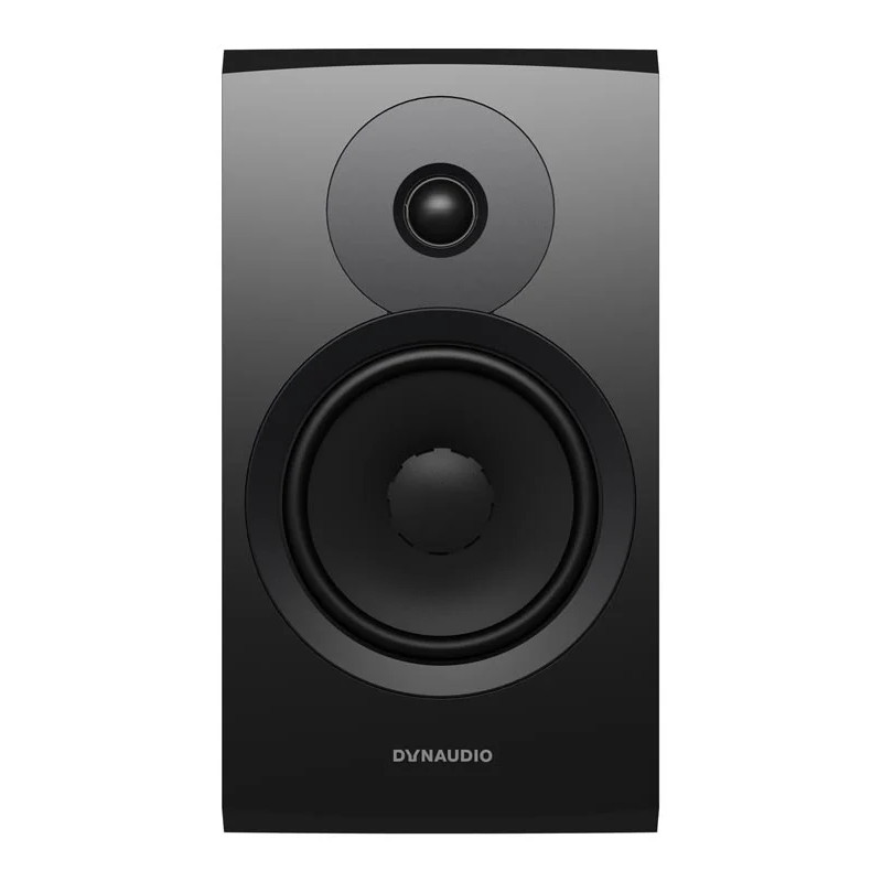 DYNAUDIO EMIT 20 enceinte bibliothèque HI-FI noir satin, vue de face tweeter et haut-parleur grave apparents