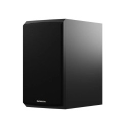 DYNAUDIO EMIT 20 enceinte bibliothèque noir satin, vue trois quarts avec grille tissu noire
