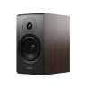 DYNAUDIO EMIT 20 enceinte bibliothèque noyer, vue de trois quarts baffle noir et ébénisterie bois
