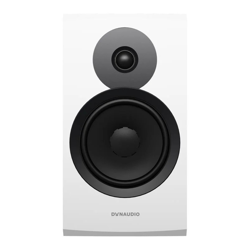DYNAUDIO EMIT 20 enceinte bibliothèque Hi-Fi blanc satin, vue de face sans grille tweeter et woofer apparents