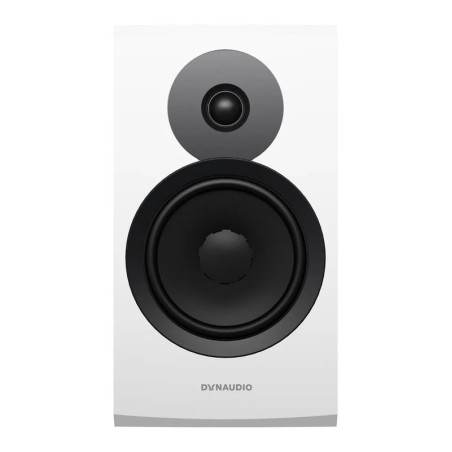 DYNAUDIO EMIT 20 enceinte bibliothèque Hi-Fi blanc satin, vue de face sans grille tweeter et woofer apparents