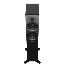 DYNAUDIO EMIT 30 enceinte colonne noir satin, vue de face en plongée sur socle croisé