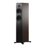 DYNAUDIO EMIT 30 enceinte colonne noyer, vue de trois quarts avec façade noire et caisson bois