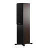 DYNAUDIO EMIT 30 colonne noyer, vue de trois quarts avec caches magnétiques en place