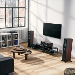 DYNAUDIO EMIT 30 enceintes colonnes noyer en configuration home cinéma avec TV et centrale