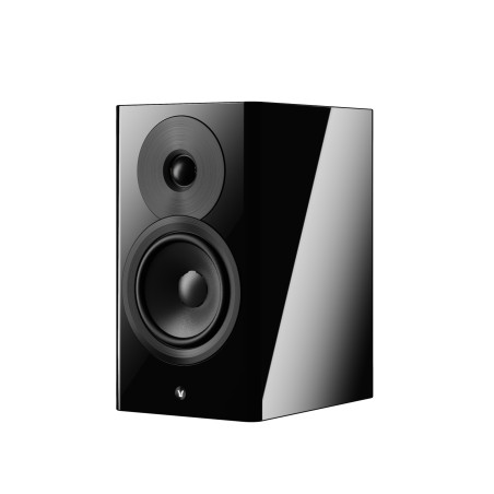 DYNAUDIO FOCUS 10 enceinte bibliothèque connectée noir laqué, vue trois quarts tweeter et woofer apparents