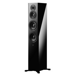 DYNAUDIO FOCUS 30 enceinte colonne noir laqué, vue de trois quarts face finition brillante