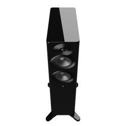 DYNAUDIO FOCUS 30 enceinte colonne noir, vue de trois quarts haut-parleurs et dessus biseauté