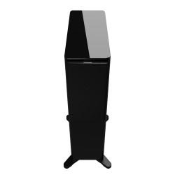 DYNAUDIO FOCUS 30 enceinte colonne noir, vue arrière avec grille tissu et logo Dynaudio