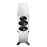 DYNAUDIO FOCUS 30 enceinte colonne connectée blanche, vue de face en contre-plongée socle noir