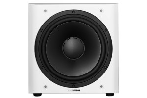 DYNAUDIO SUB 3 blanc caisson de basses, vue de face haut-parleur 12 pouces sans grille logo Dynaudio