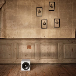 DYNAUDIO SUB 3 blanc caisson de basses en situation dans pièce au parquet bois et murs patinés