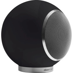 ELIPSON PLANET L PERFORMANCE noir, vue de trois quarts sphère laquée et socle aluminium