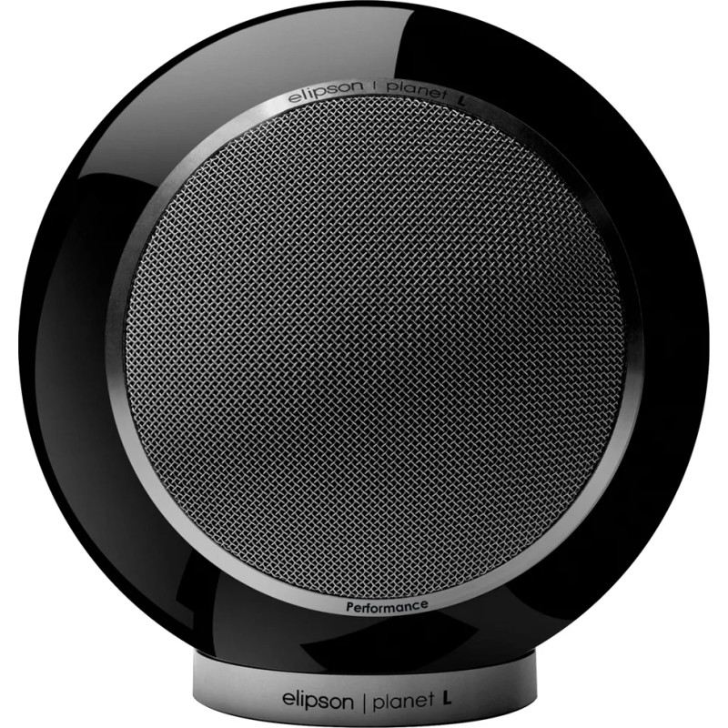 ELIPSON PLANET L PERFORMANCE enceinte bibliothèque sphérique noir laqué, vue de face grille métallique centrale
