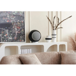 ELIPSON PLANET L PERFORMANCE noir posée sur console, décoration salon avec tableau floral