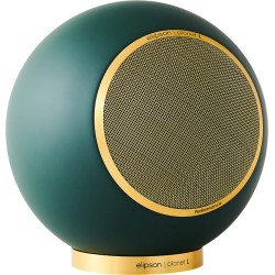 ELIPSON PLANET L PERFORMANCE vert or, vue de trois quarts sphère et socle doré