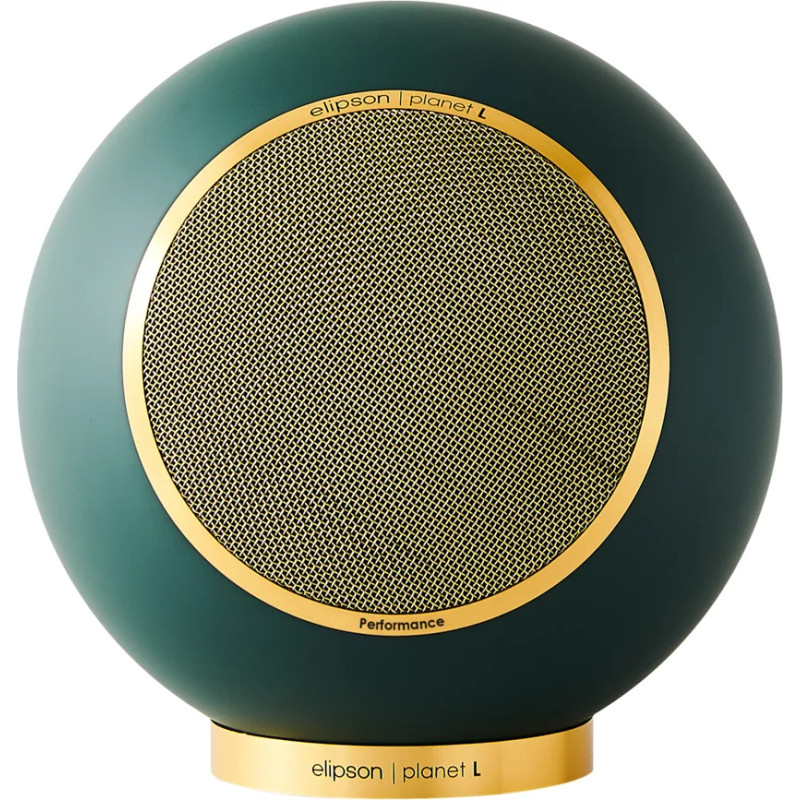 ELIPSON PLANET L PERFORMANCE enceinte bibliothèque sphérique vert et or, vue de face grille dorée
