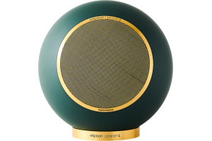ELIPSON PLANET L PERFORMANCE enceinte bibliothèque sphérique vert et or, vue de face grille dorée
