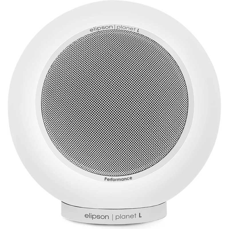 ELIPSON PLANET L PERFORMANCE enceinte bibliothèque HI-FI sphérique finition blanc mat, vue de face avec socle
