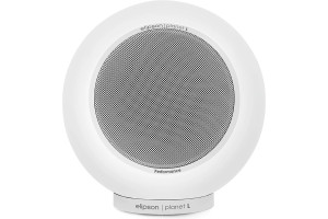 ELIPSON PLANET L PERFORMANCE enceinte bibliothèque HI-FI sphérique finition blanc mat, vue de face avec socle