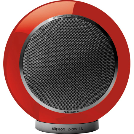 ELIPSON PLANET L PERFORMANCE enceinte bibliothèque sphérique rouge, vue de face grille métallique et socle