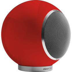 ELIPSON PLANET L PERFORMANCE enceinte bibliothèque rouge, vue trois quarts finition laquée et socle aluminium