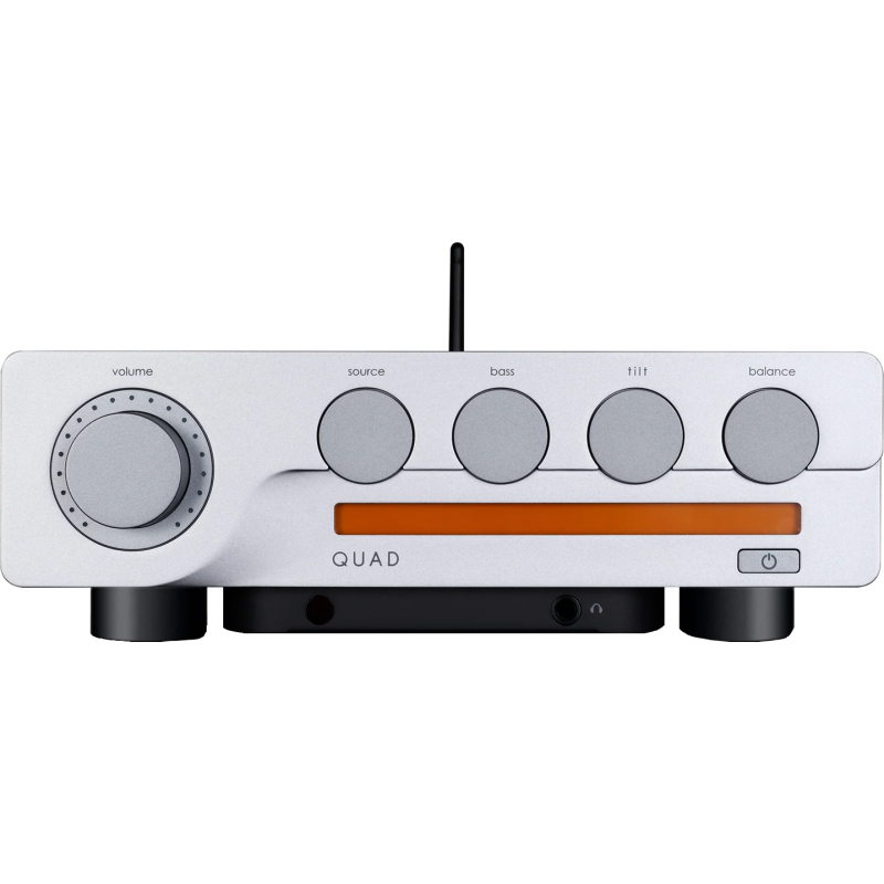 QUAD QUAD 3 amplificateur intégré, façade argentée vue de face boutons volume source bass tilt balance