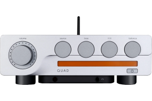 QUAD QUAD 3 amplificateur intégré, façade argentée vue de face boutons volume source bass tilt balance