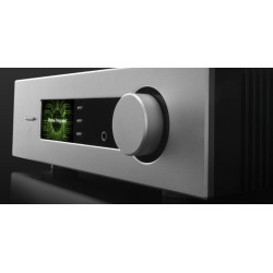 QUAD PLATINA INTEGRATED amplificateur argent, gros plan bouton volume et écran OLED