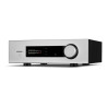 QUAD PLATINA INTEGRATED amplificateur argent, vue trois quarts avec vumètres stéréo à l'écran
