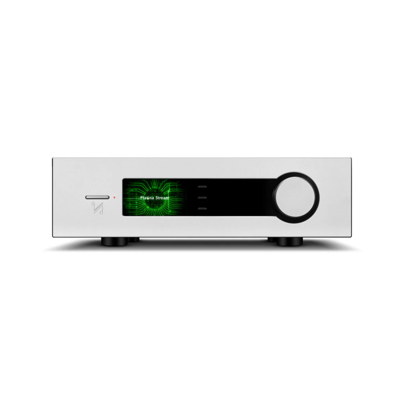 QUAD PLATINA INTEGRATED amplificateur intégré argent, vue de face avec écran et bouton de volume