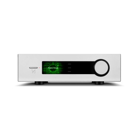 QUAD PLATINA INTEGRATED amplificateur intégré argent, vue de face avec écran et bouton de volume
