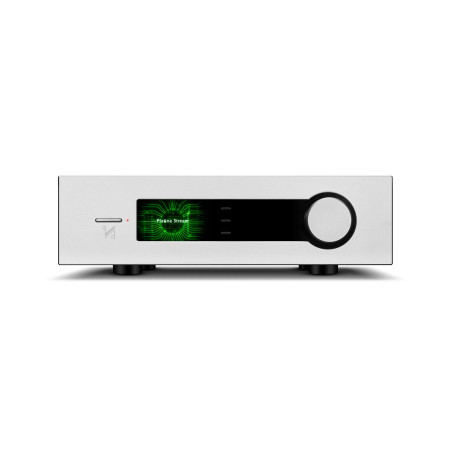 QUAD PLATINA STREAM lecteur réseau argent, vue de face écran OLED vert et molette de volume