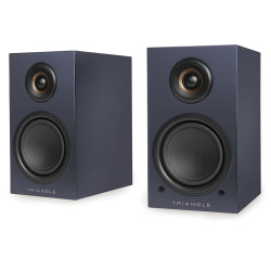 TRIANGLE LN01A paire enceintes Bluetooth bibliothèque finition bleu, vue trois quarts tweeter et haut-parleur apparents
