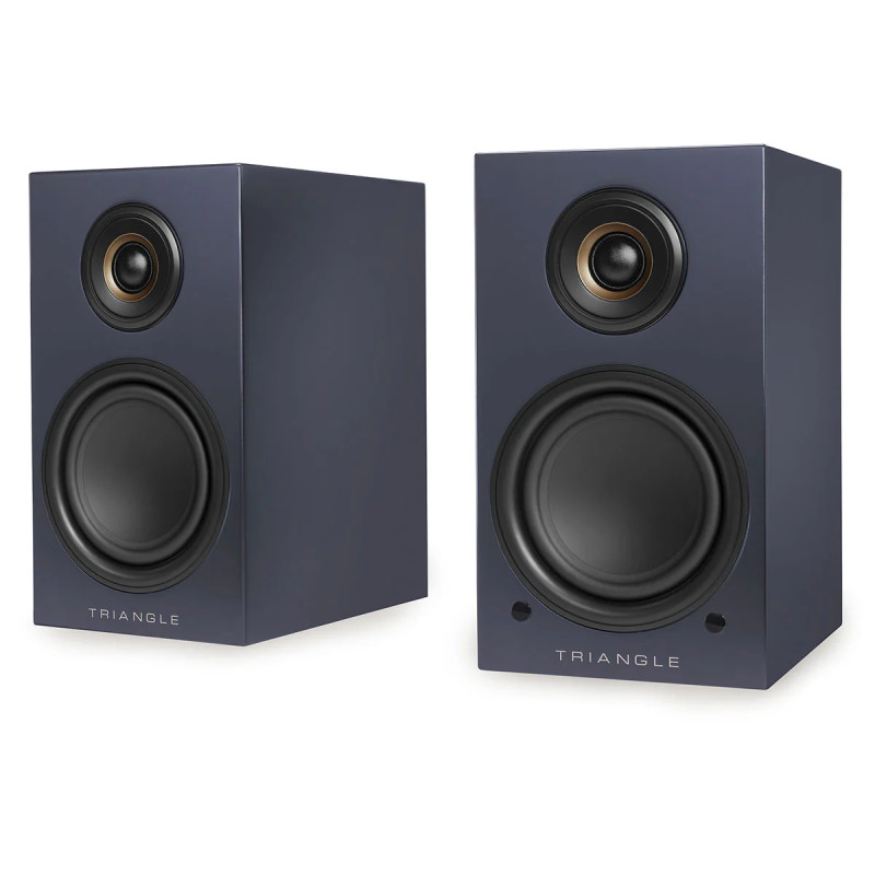 TRIANGLE LN01A paire enceintes Bluetooth bibliothèque finition bleu, vue trois quarts tweeter et haut-parleur apparents