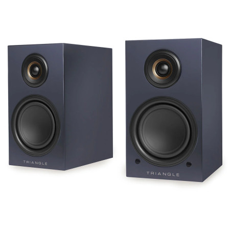 TRIANGLE LN01A paire enceintes Bluetooth bibliothèque finition bleu, vue trois quarts tweeter et haut-parleur apparents