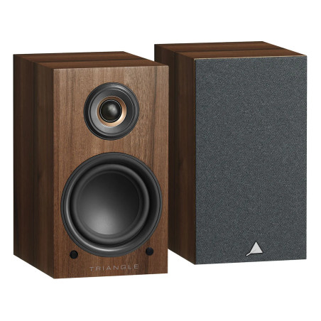 TRIANGLE LN01A enceintes Bluetooth actives finition châtaignier, paire vue de face avec et sans grille tissu