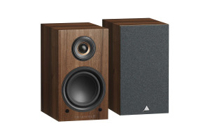 TRIANGLE LN01A enceintes Bluetooth actives finition châtaignier, paire vue de face avec et sans grille tissu