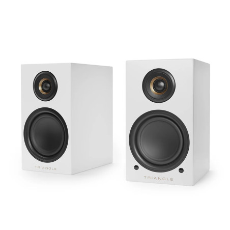 TRIANGLE LN01A paire enceintes actives Bluetooth finition blanche, vue de trois quarts tweeter et boomer apparents