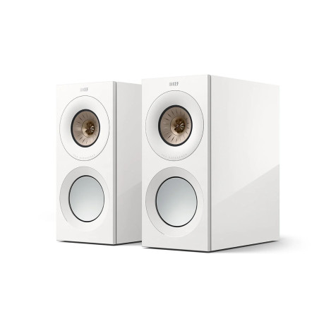 KEF REFERENCE 1 META enceintes bibliothèque HI-FI, paire finition blanc et cuivre vue de trois quarts