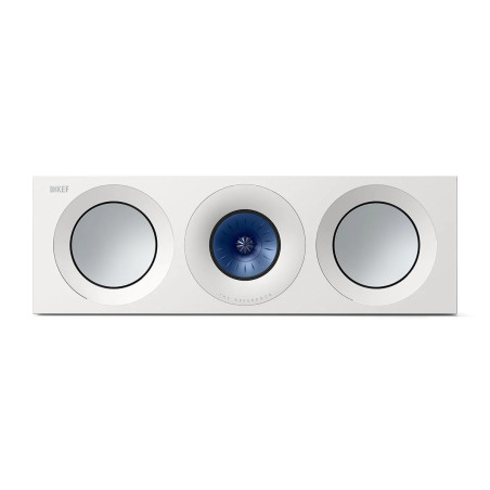 KEF Reference 2 Meta enceinte centrale blanc/bleu, vue de face avec tweeter Uni-Q et haut-parleurs latéraux