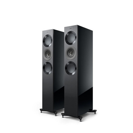 KEF Reference 3 Meta enceintes colonnes Hi-Fi finition noir gris, paire vue trois quarts sur socles